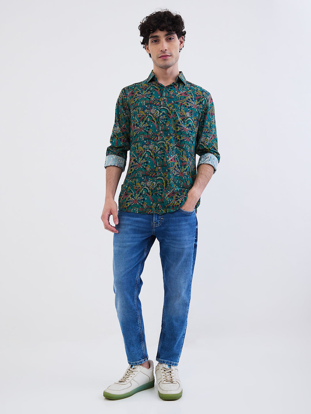 Spykar Aquatic Blue Slim Fit Casual Shirts For Men