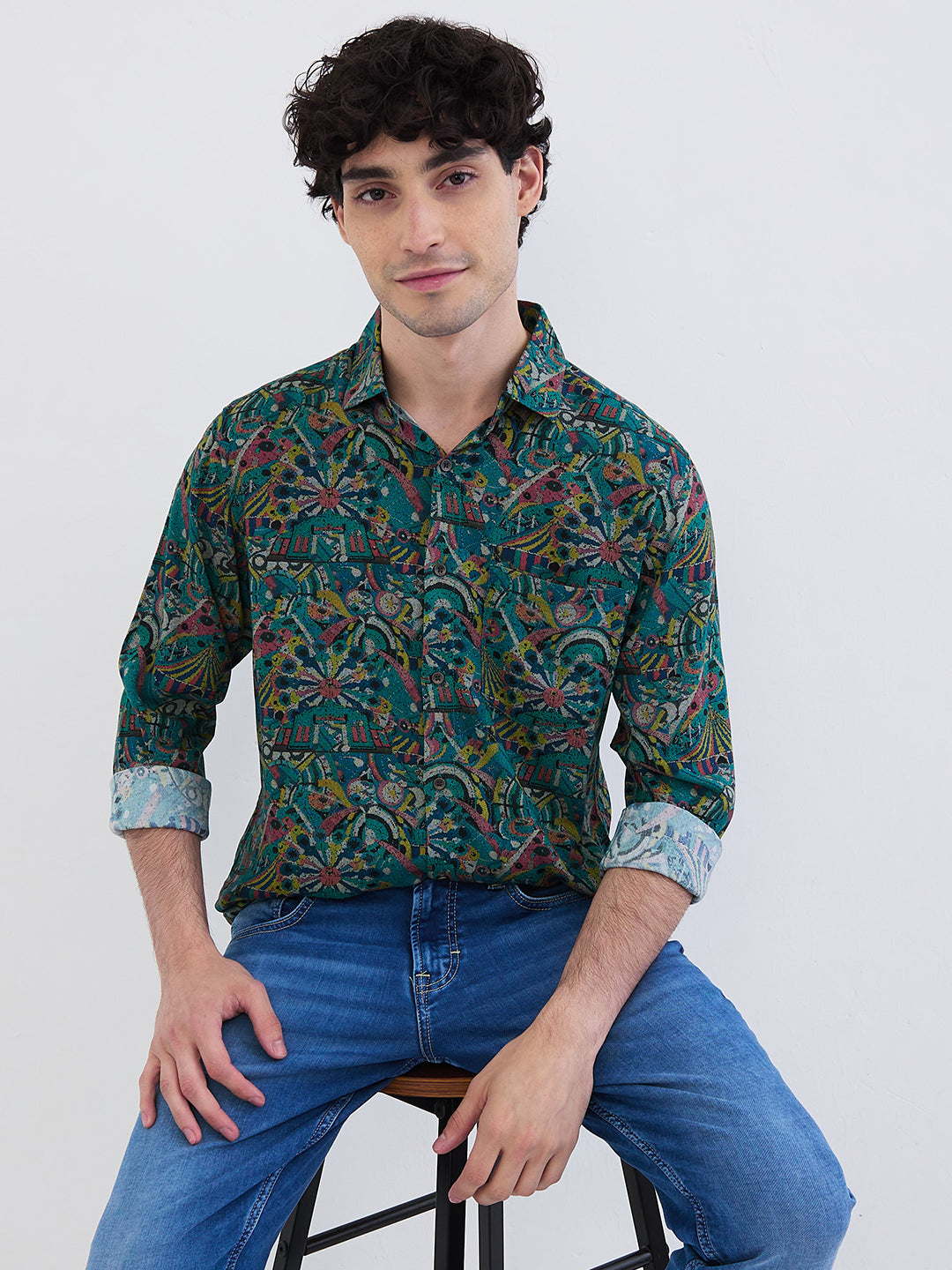 Spykar Aquatic Blue Slim Fit Casual Shirts For Men
