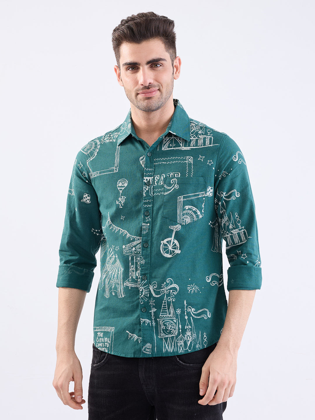Spykar Botanical Green Slim Fit Casual Shirts For Men