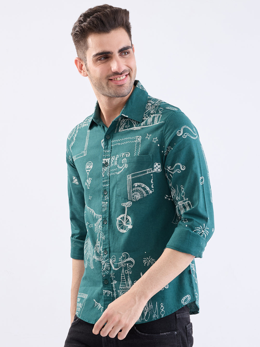 Spykar Botanical Green Slim Fit Casual Shirts For Men