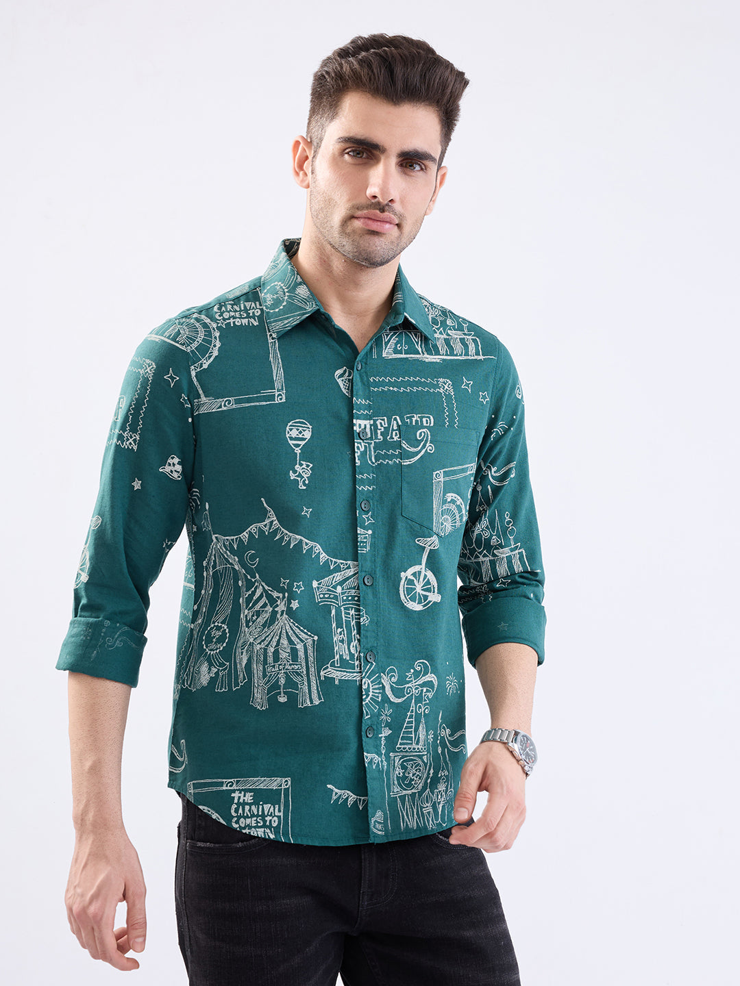 Spykar Botanical Green Slim Fit Casual Shirts For Men