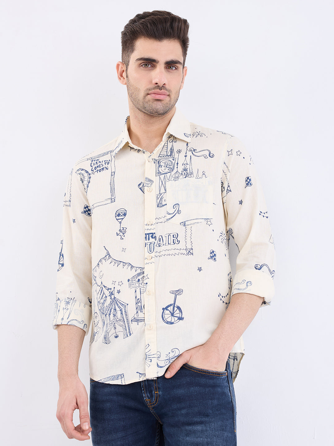 Spykar Off White Slim Fit Casual Shirts For Men