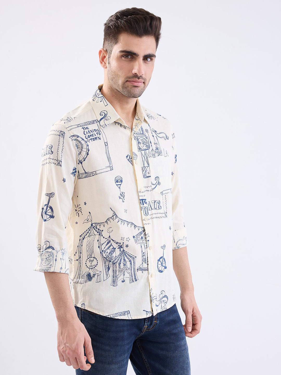 Spykar Off White Slim Fit Casual Shirts For Men