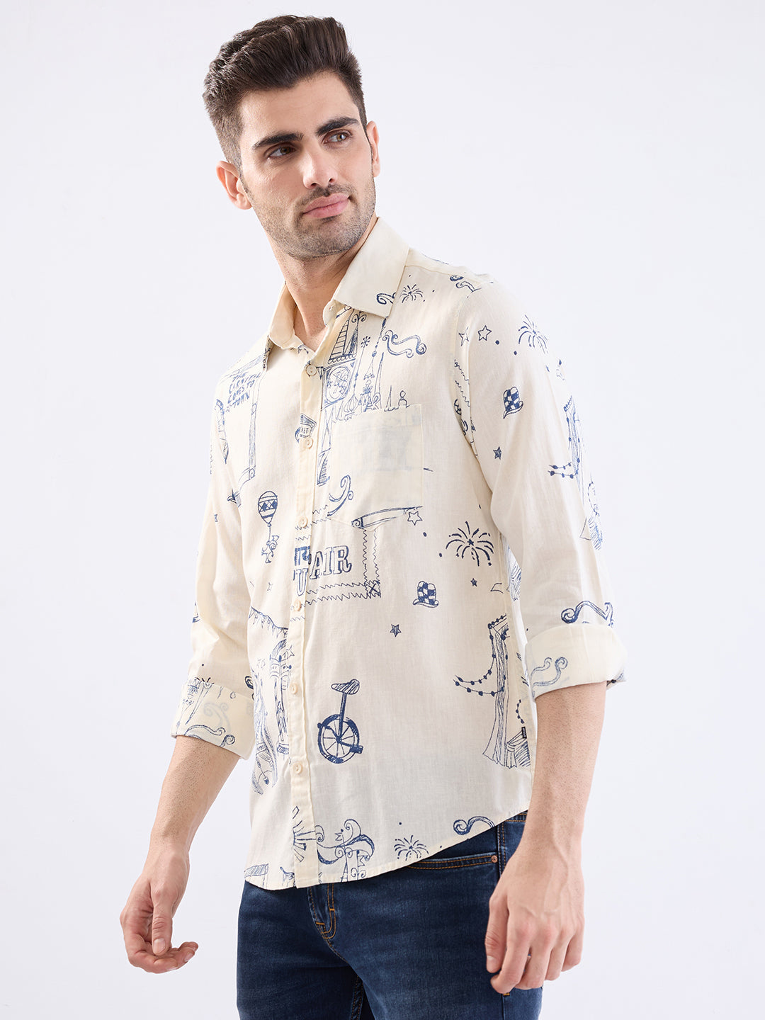 Spykar Off White Slim Fit Casual Shirts For Men