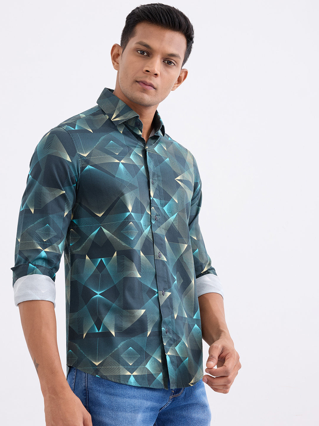 Spykar Botanical Green Slim Fit Casual Shirts For Men