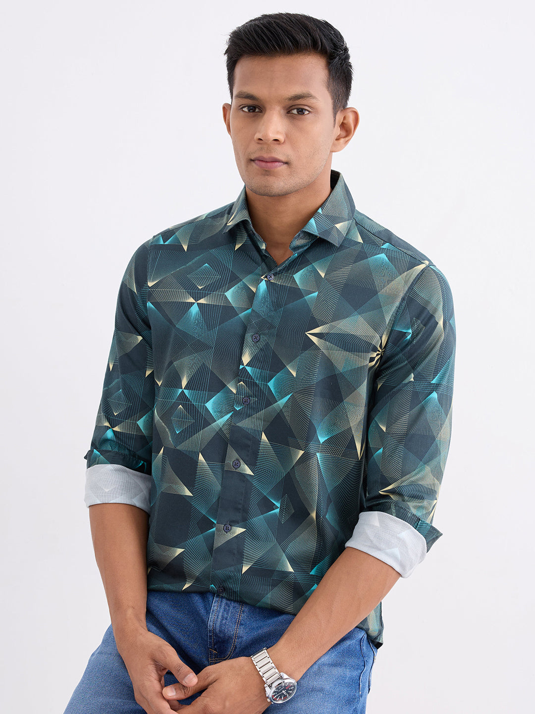 Spykar Botanical Green Slim Fit Casual Shirts For Men