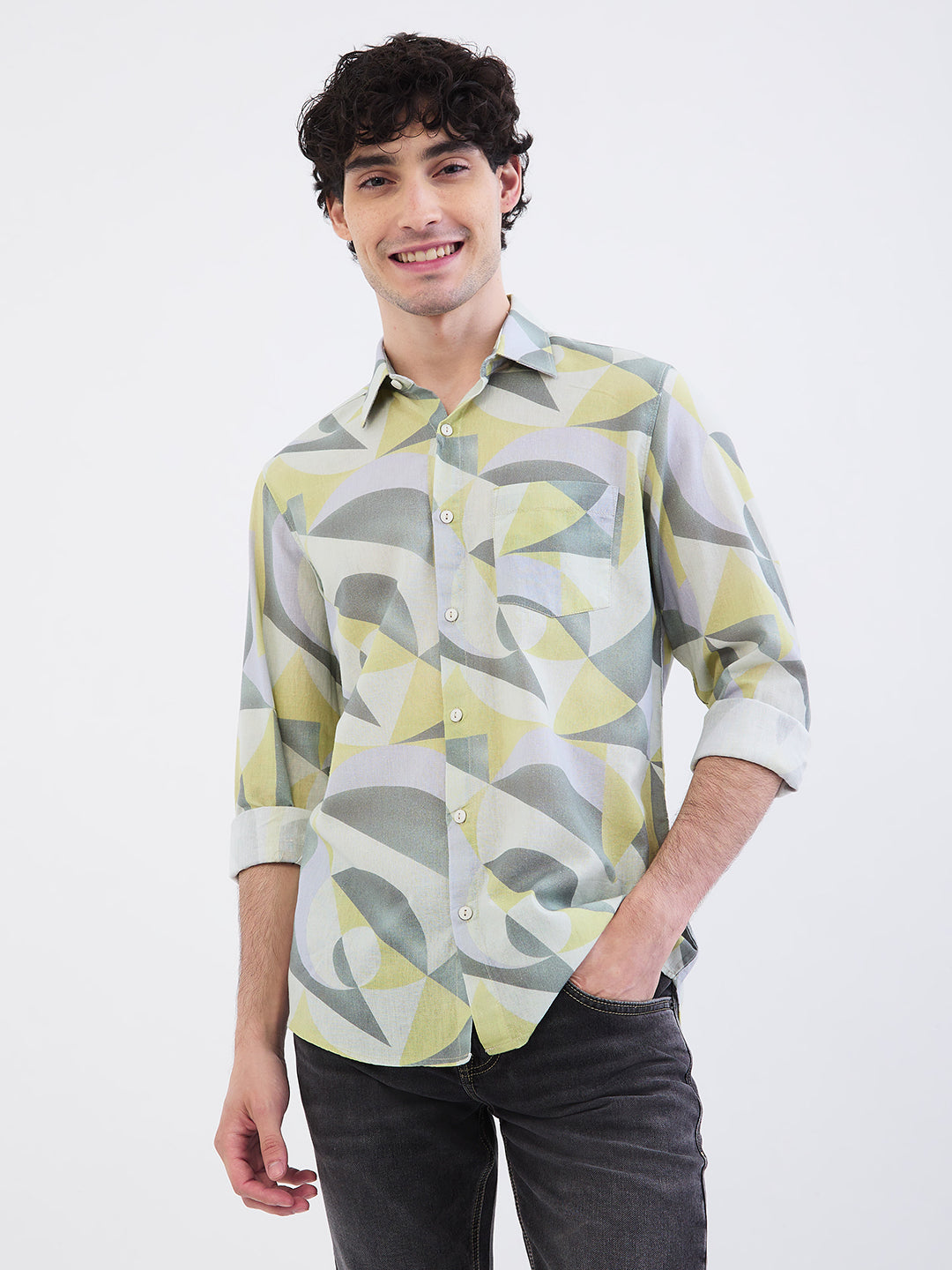 Spykar Ecru Slim Fit Casual Shirts For Men