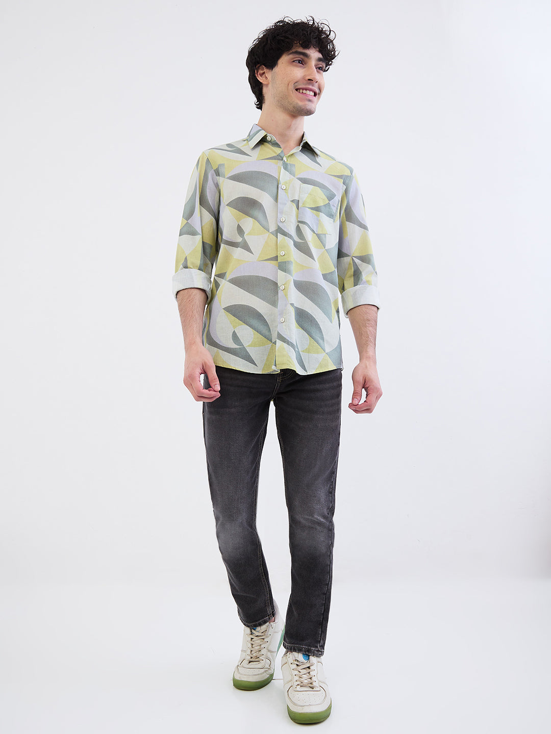 Spykar Ecru Slim Fit Casual Shirts For Men