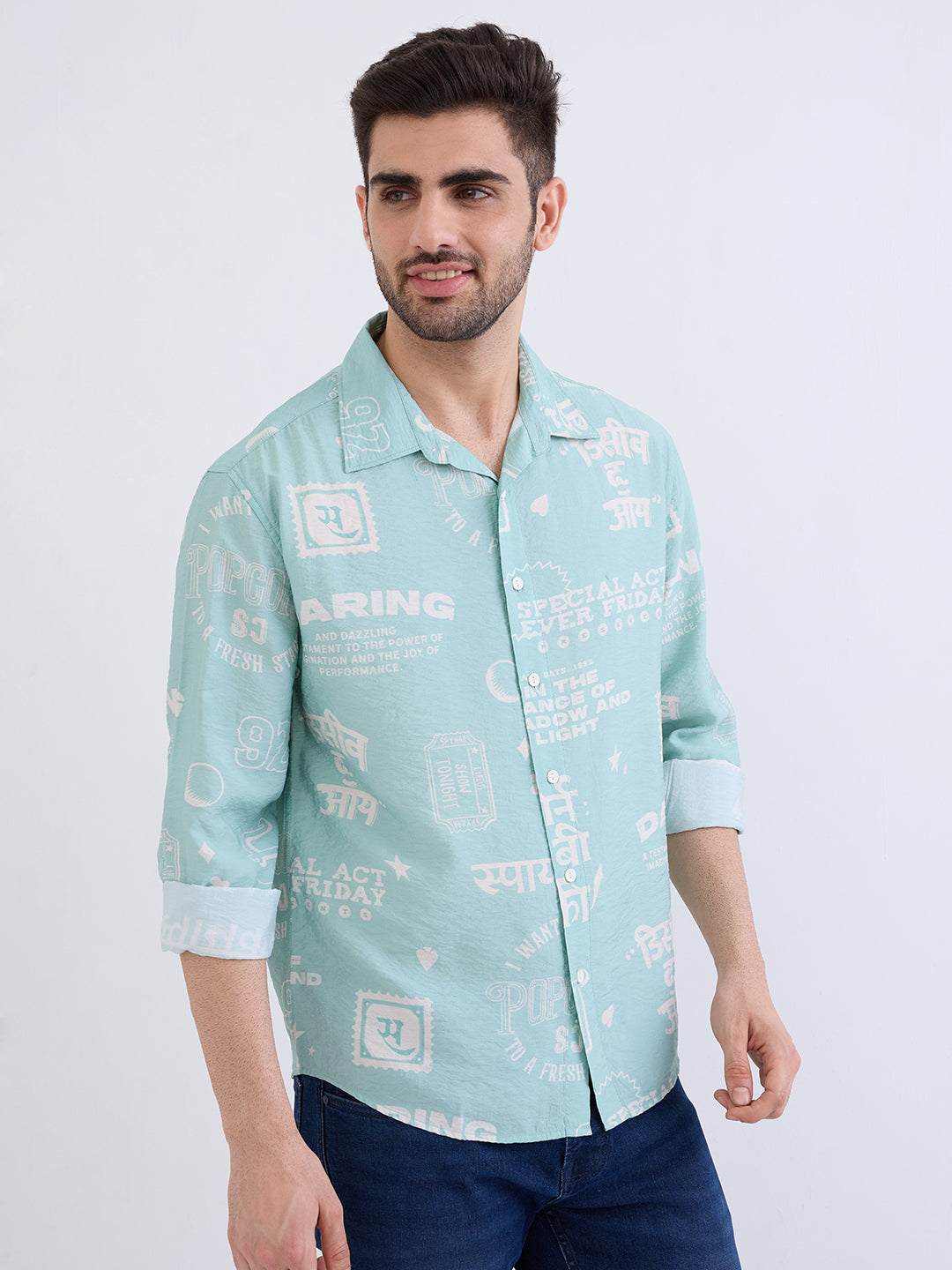 Spykar Aquatic Blue Comfort Fit Casual Shirts For Men