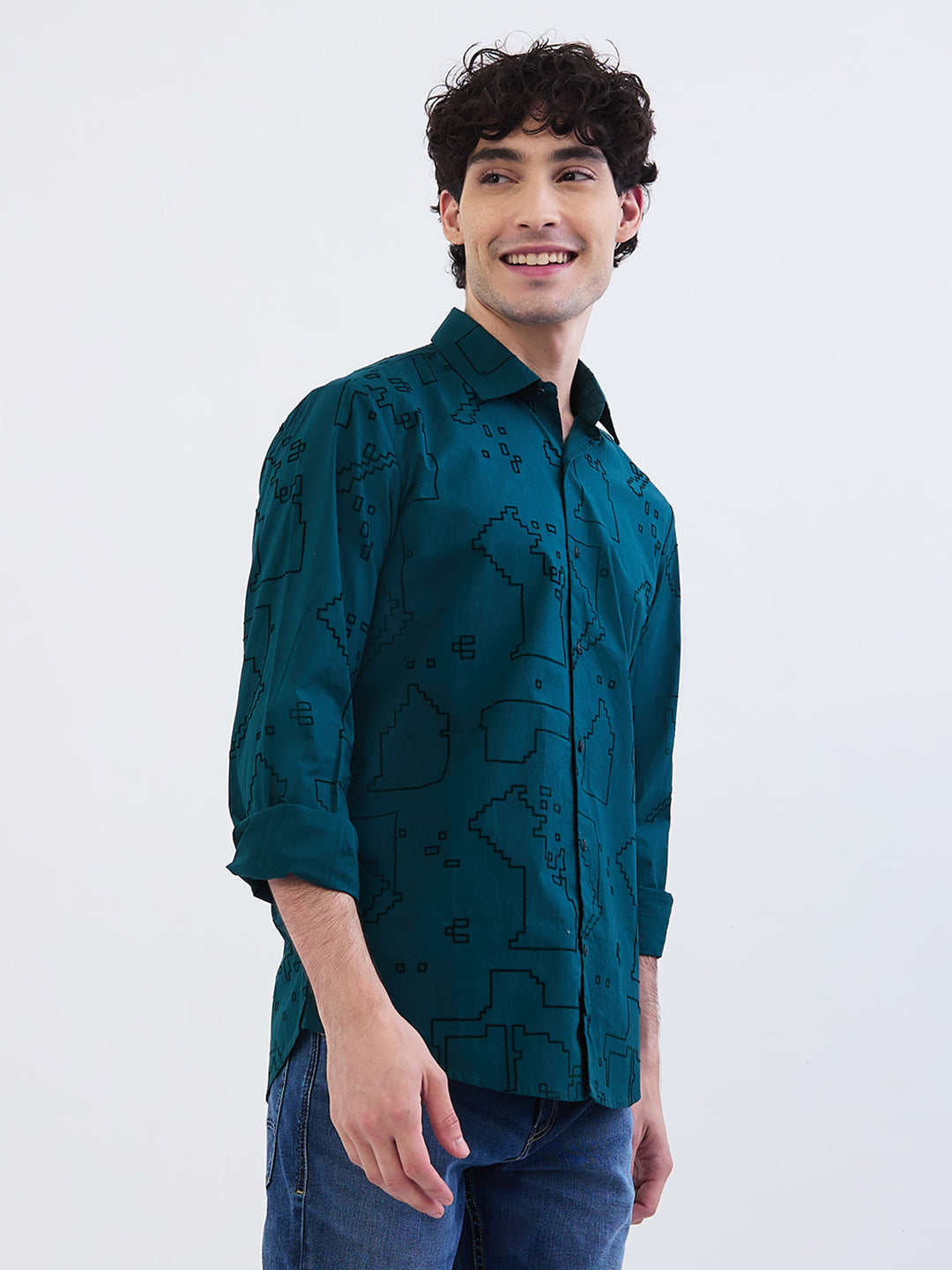 Spykar Teal Green Slim Fit Casual Shirts For Men