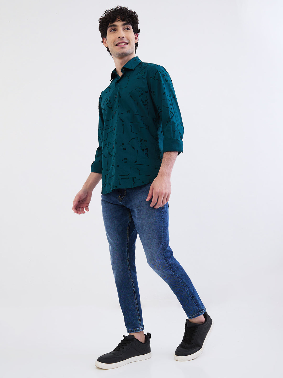 Spykar Teal Green Slim Fit Casual Shirts For Men