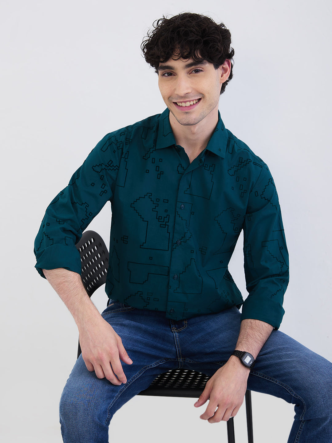 Spykar Teal Green Slim Fit Casual Shirts For Men