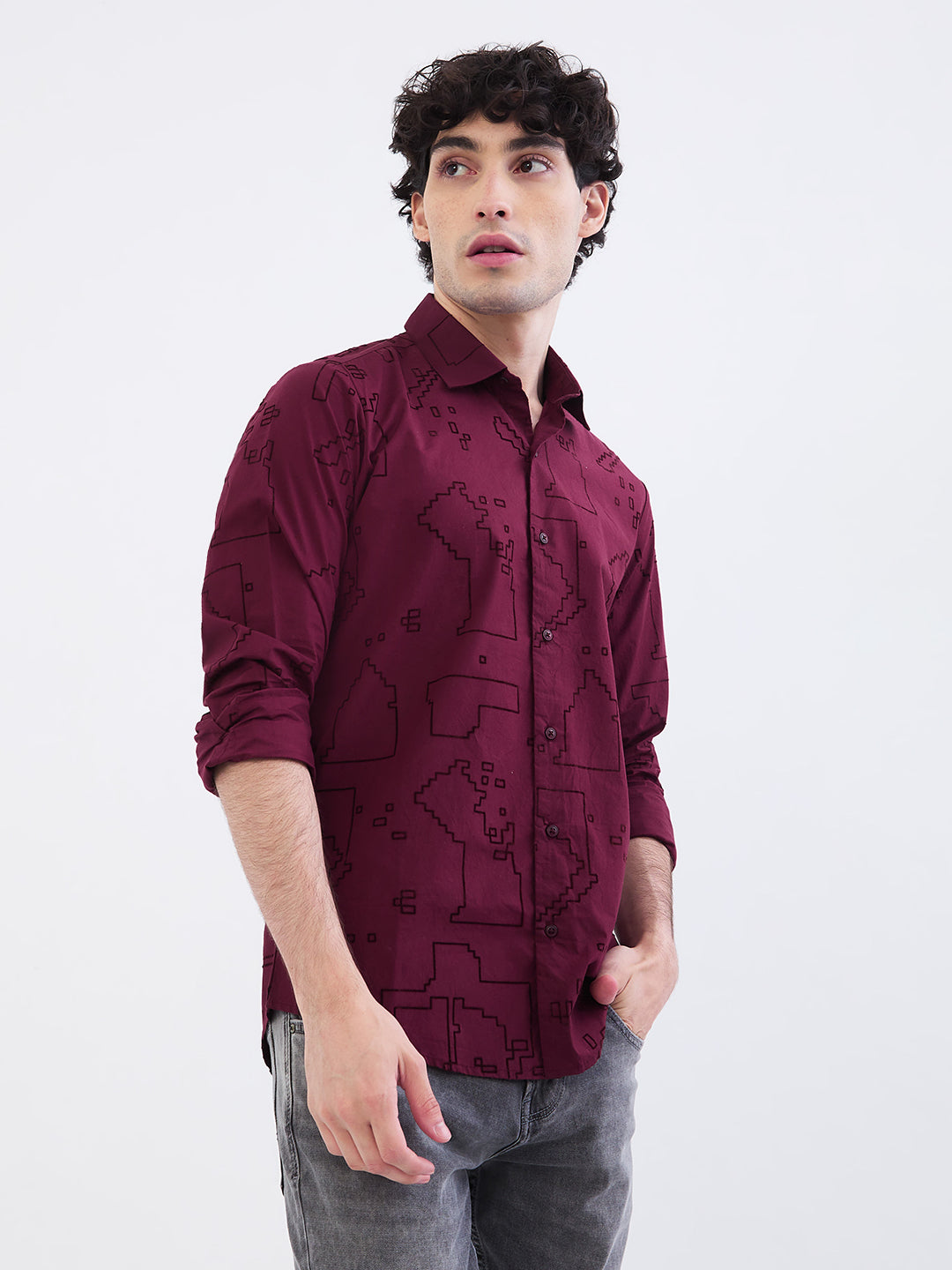 Spykar Wine Red Slim Fit Casual Shirts For Men