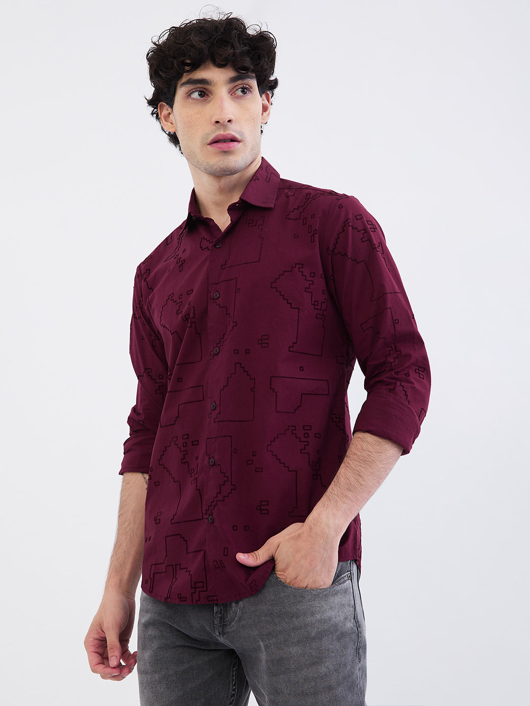 Spykar Wine Red Slim Fit Casual Shirts For Men