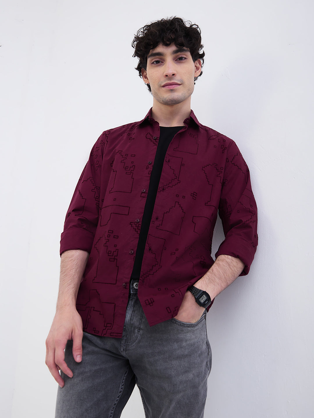 Spykar Wine Red Slim Fit Casual Shirts For Men