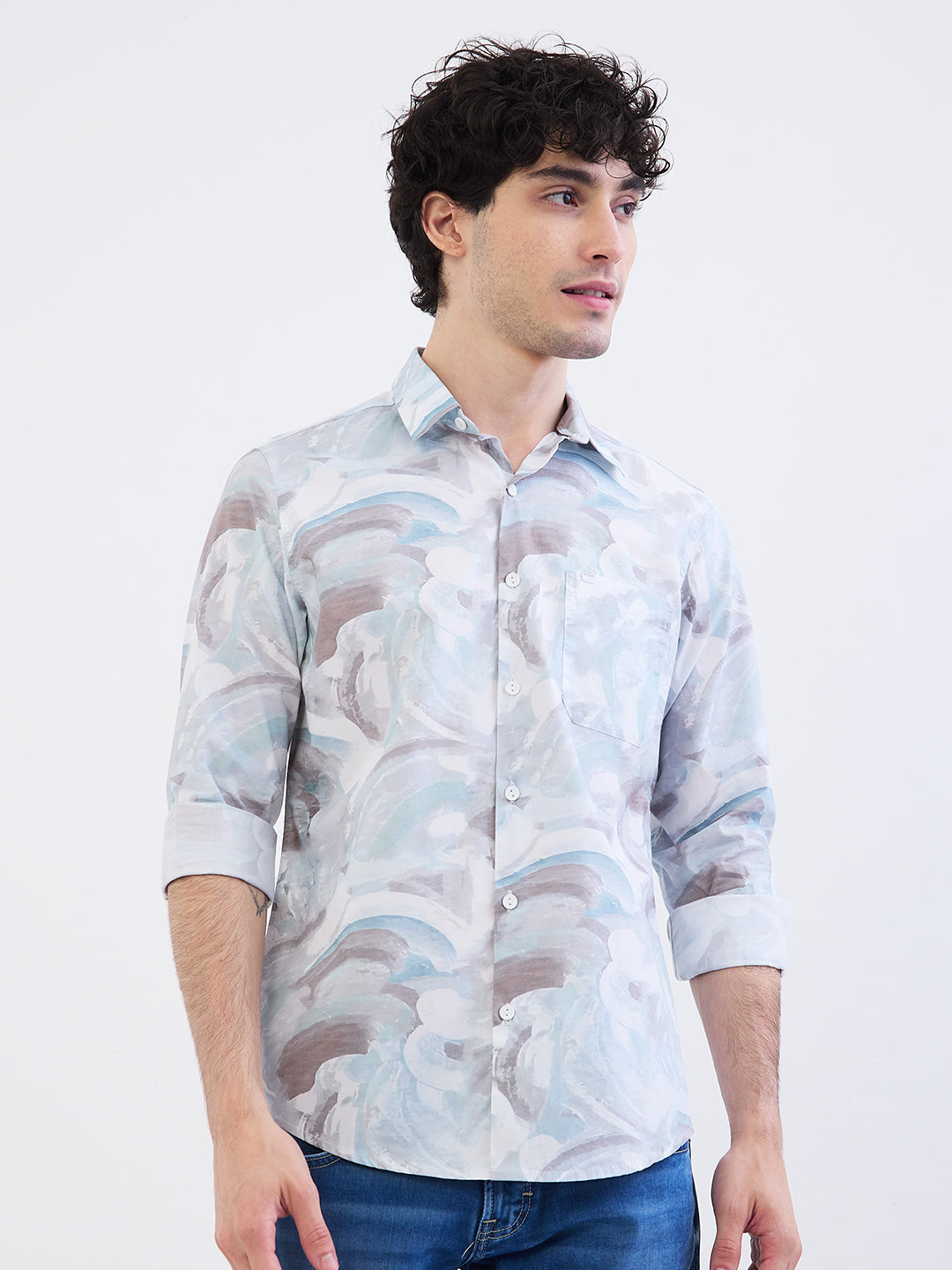 Spykar Aquatic Blue Slim Fit Casual Shirts For Men