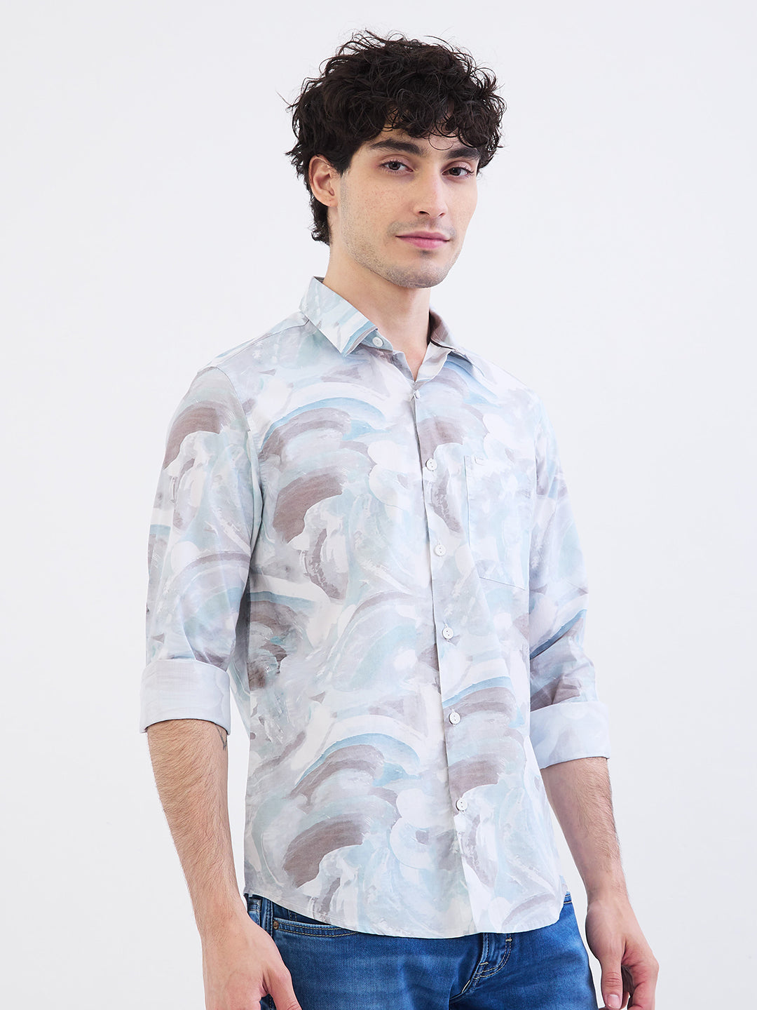 Spykar Aquatic Blue Slim Fit Casual Shirts For Men