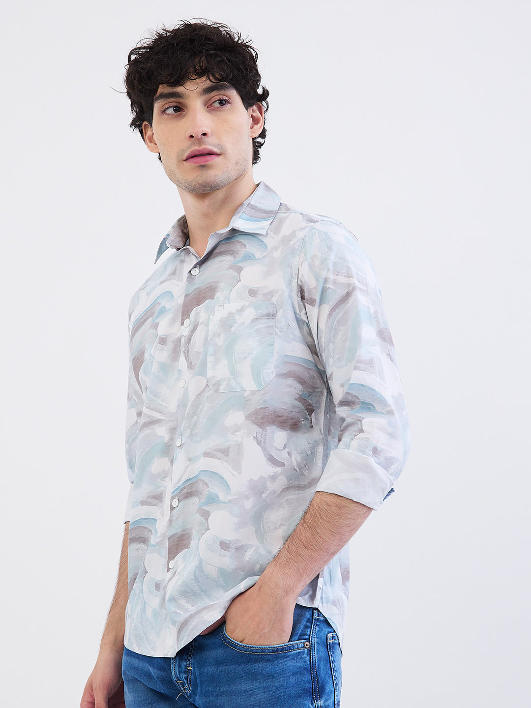Spykar Aquatic Blue Slim Fit Casual Shirts For Men