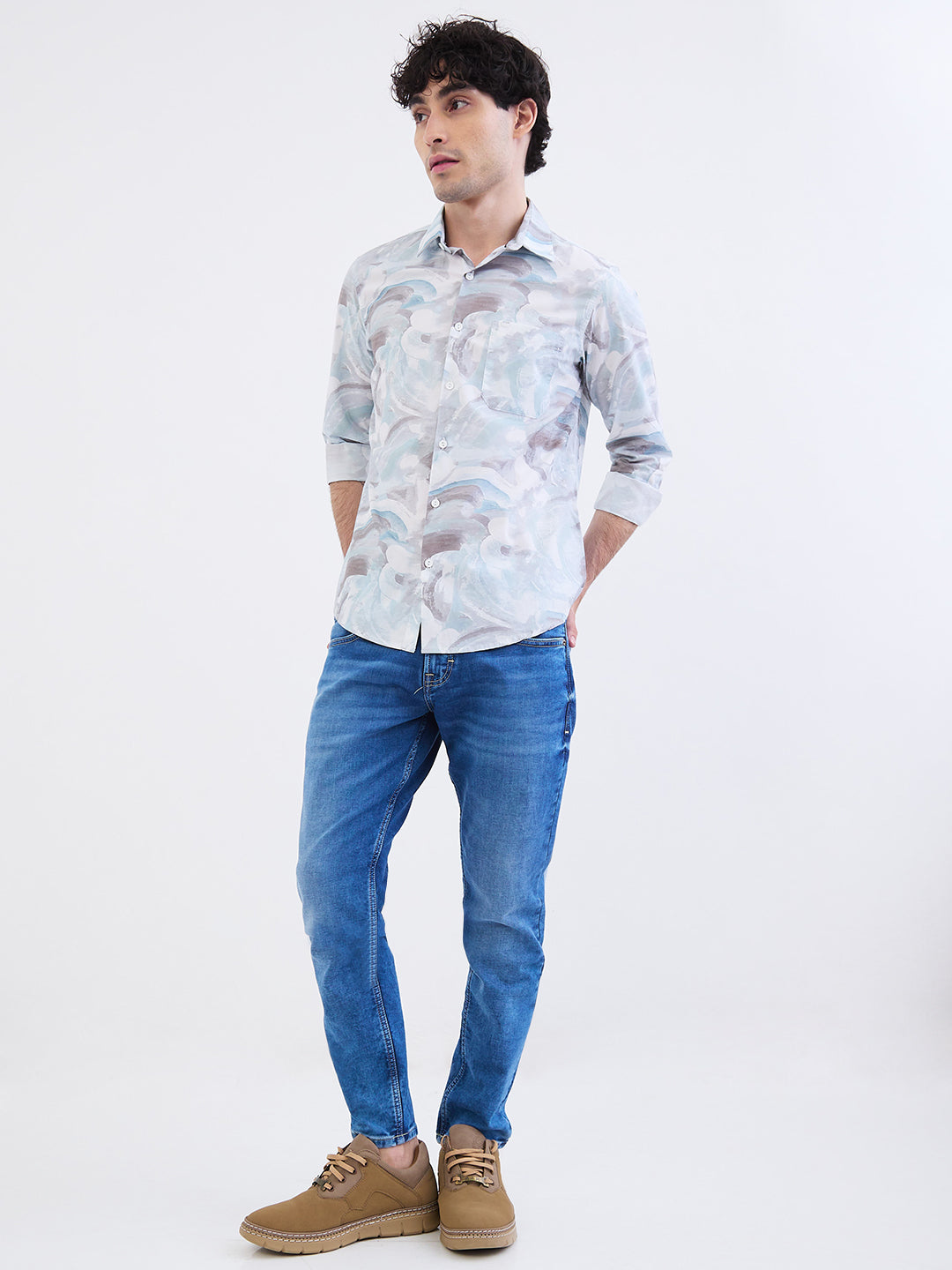 Spykar Aquatic Blue Slim Fit Casual Shirts For Men