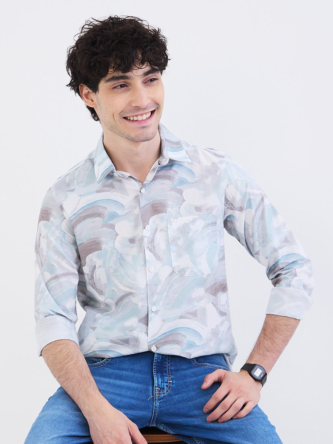 Spykar Aquatic Blue Slim Fit Casual Shirts For Men