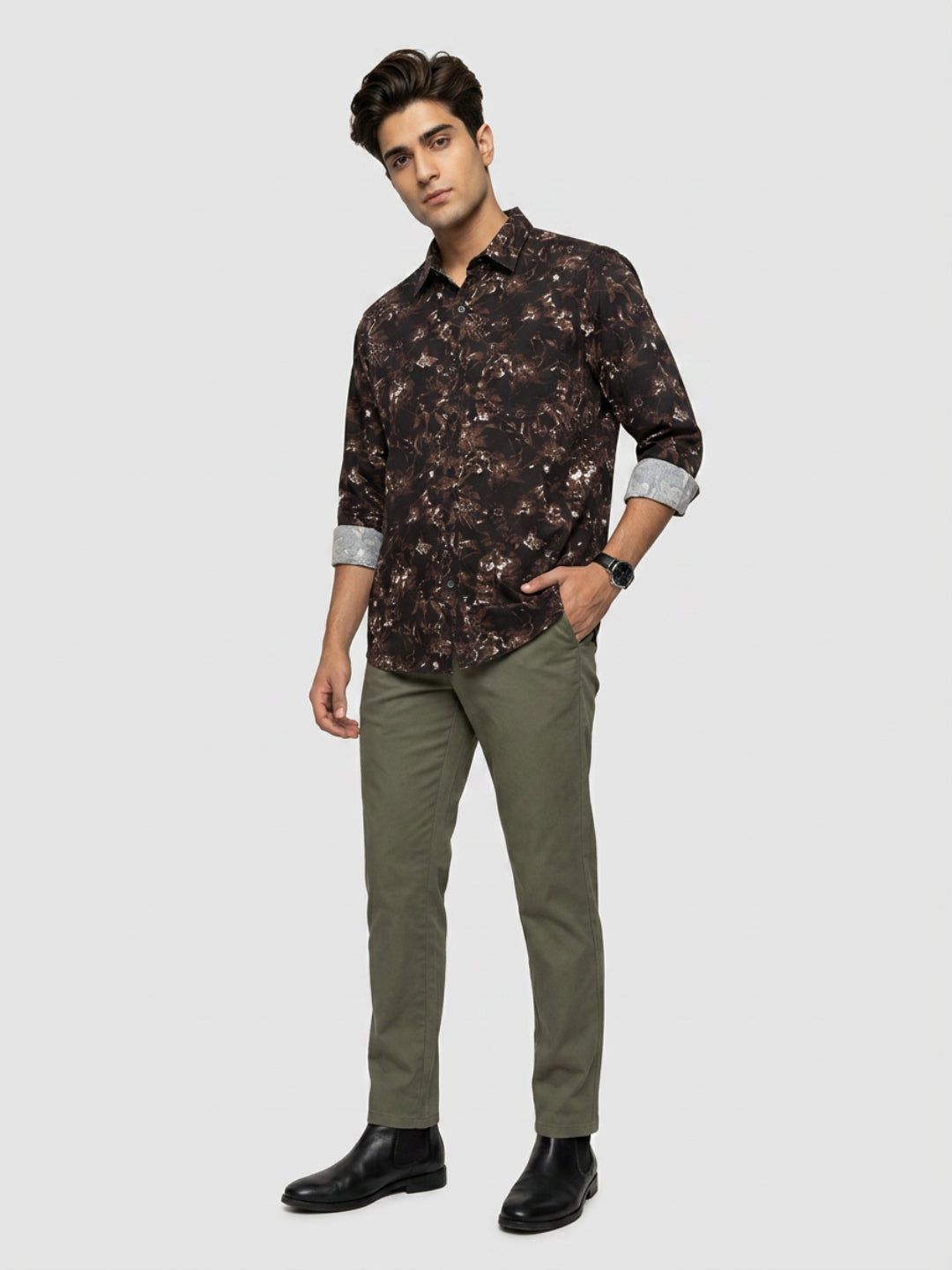 Men Shirt Print Brown Regular Fit