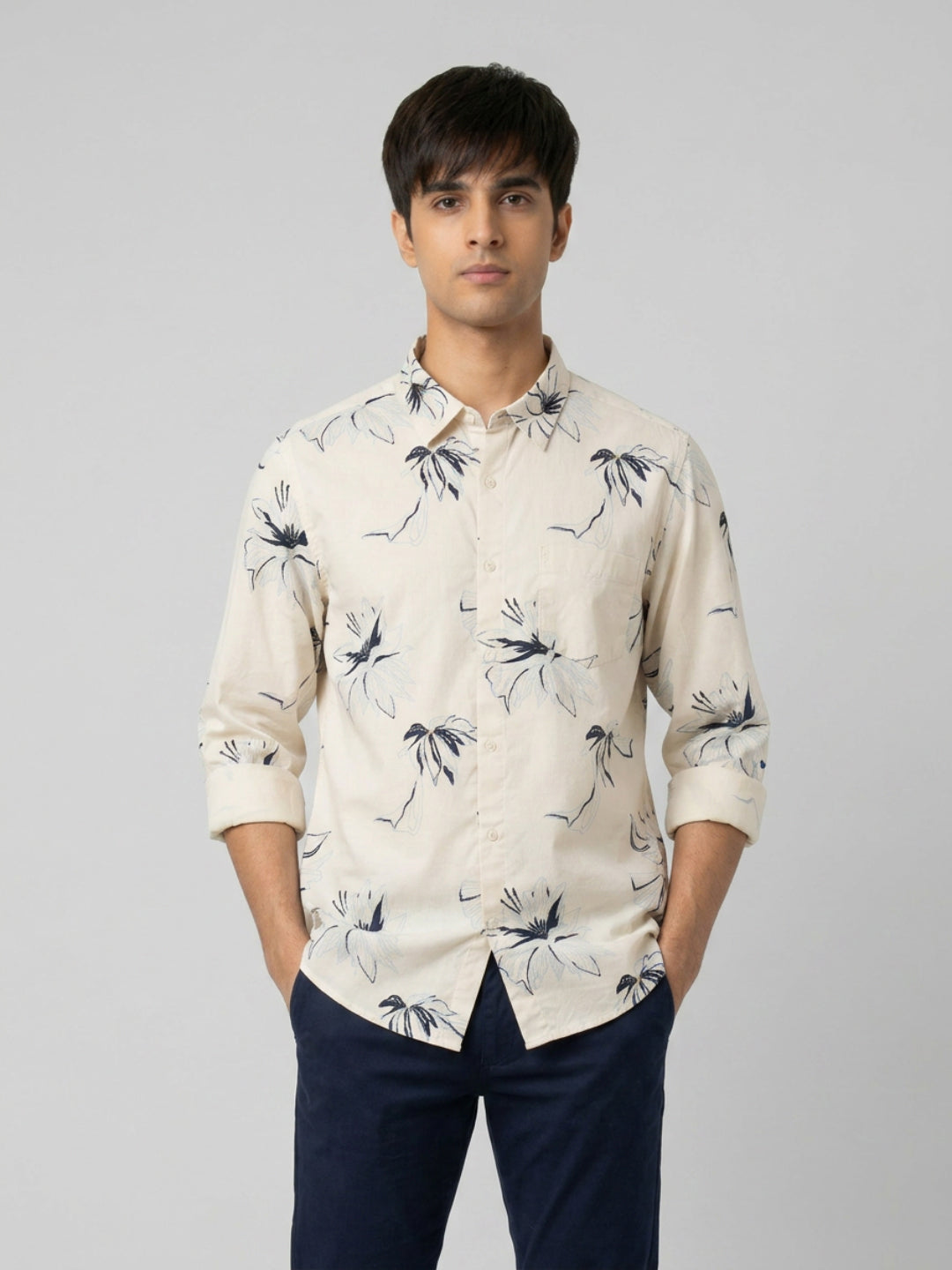 Men Shirt Print Beige Regular Fit