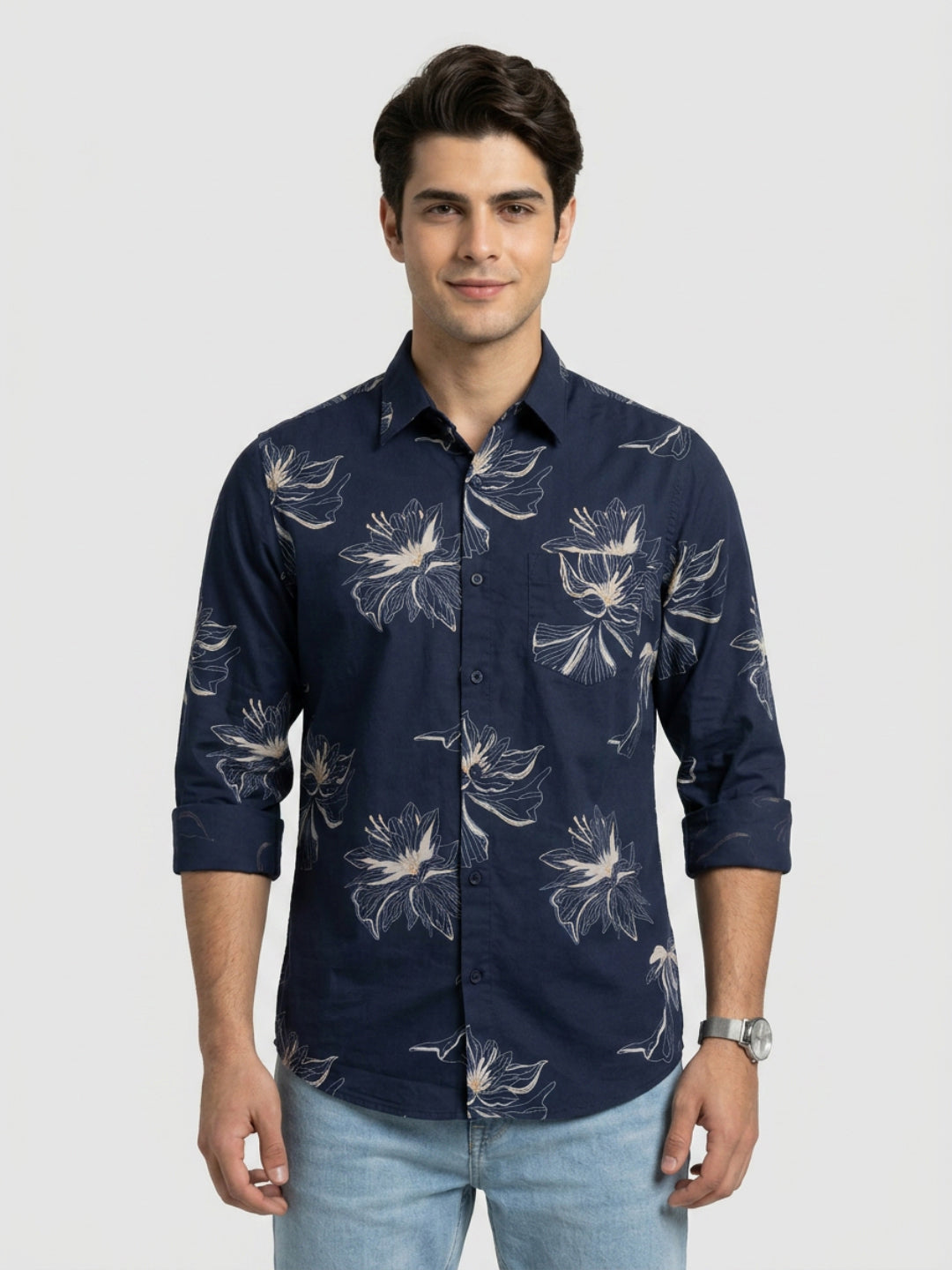 Men Shirt Print Navy Blue Regular Fit