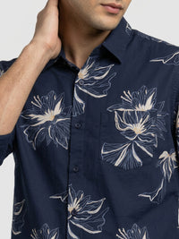 Men Shirt Print Navy Blue Regular Fit