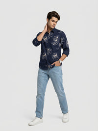Men Shirt Print Navy Blue Regular Fit