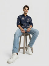 Men Shirt Print Navy Blue Regular Fit