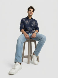 Men Shirt Print Navy Blue Regular Fit