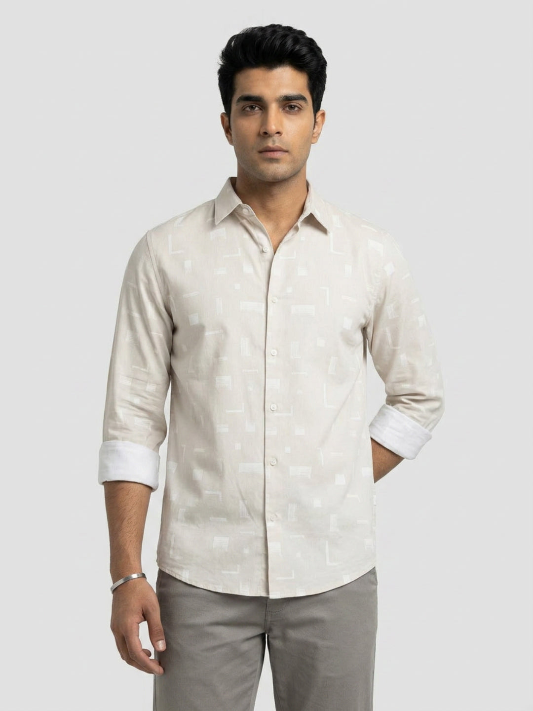 Men Shirt Print Grey Regular Fit