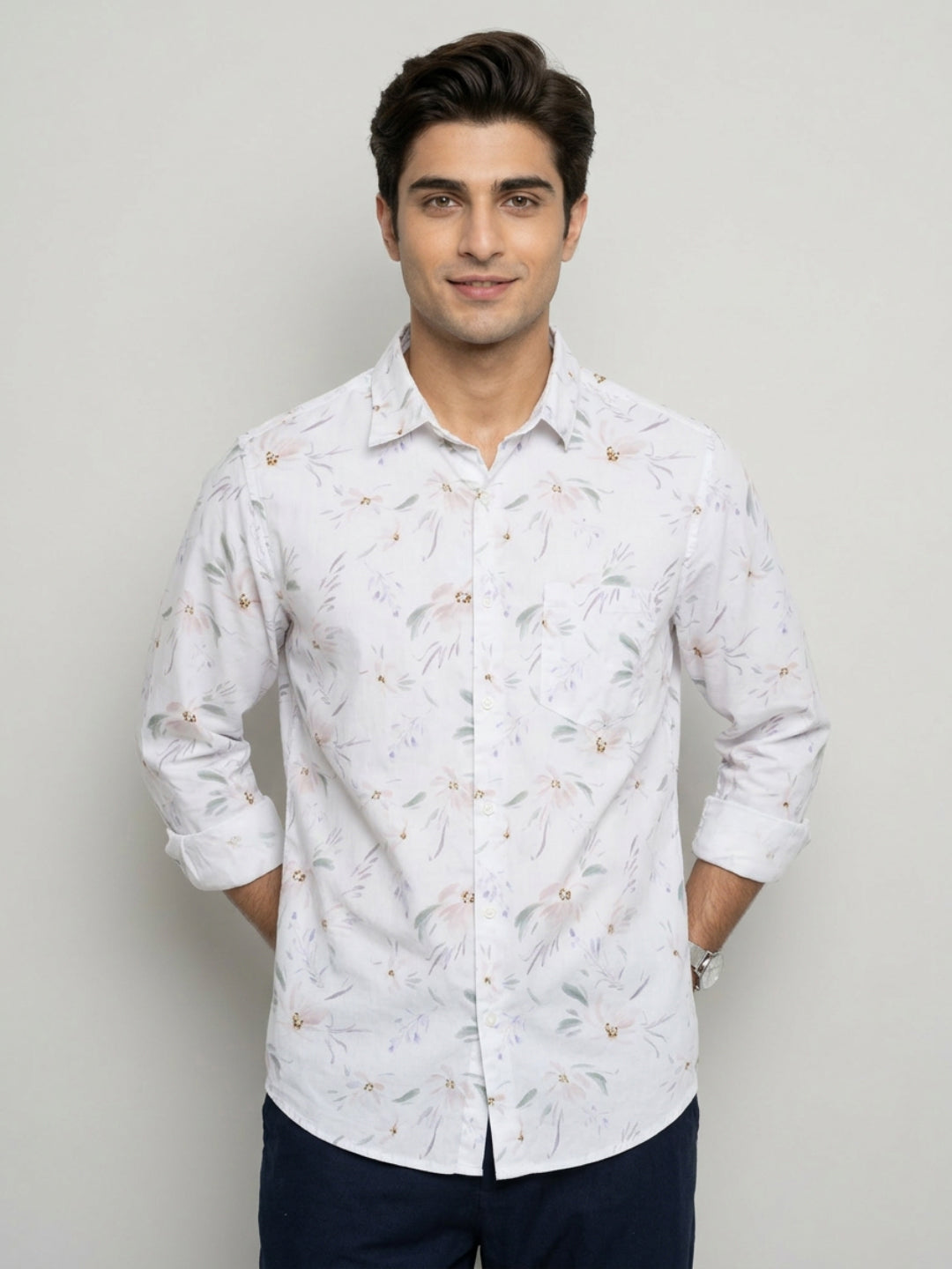 Men Shirt Print White Regular Fit