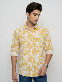 Men Shirt Print Yellow Regular Fit