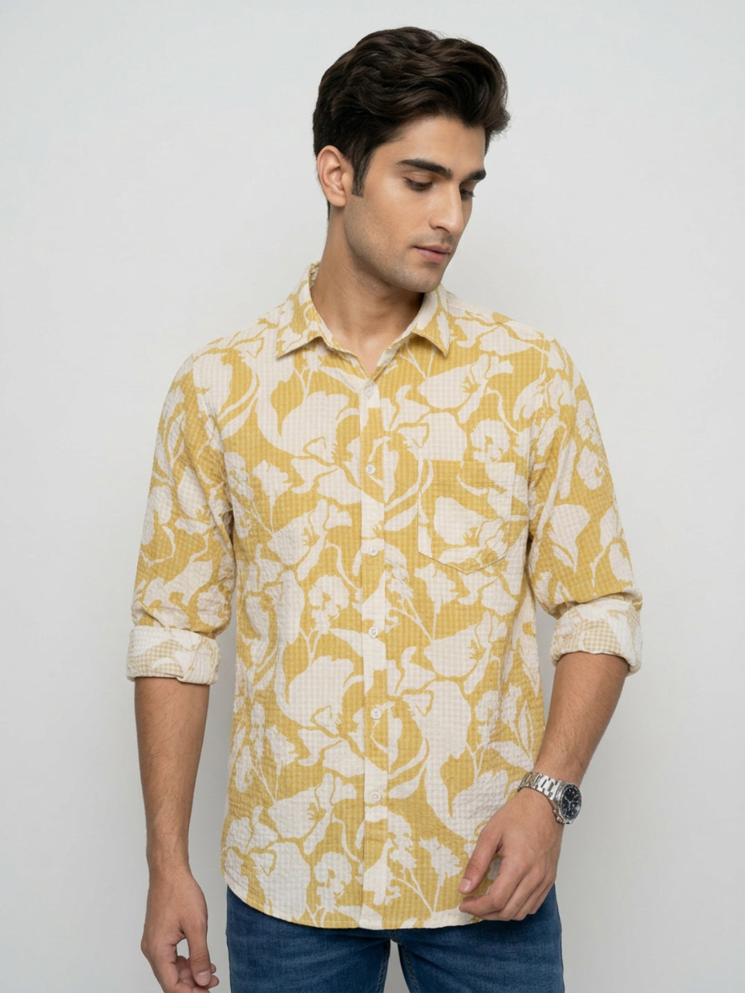 Men Shirt Print Yellow Regular Fit