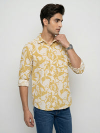 Men Shirt Print Yellow Regular Fit