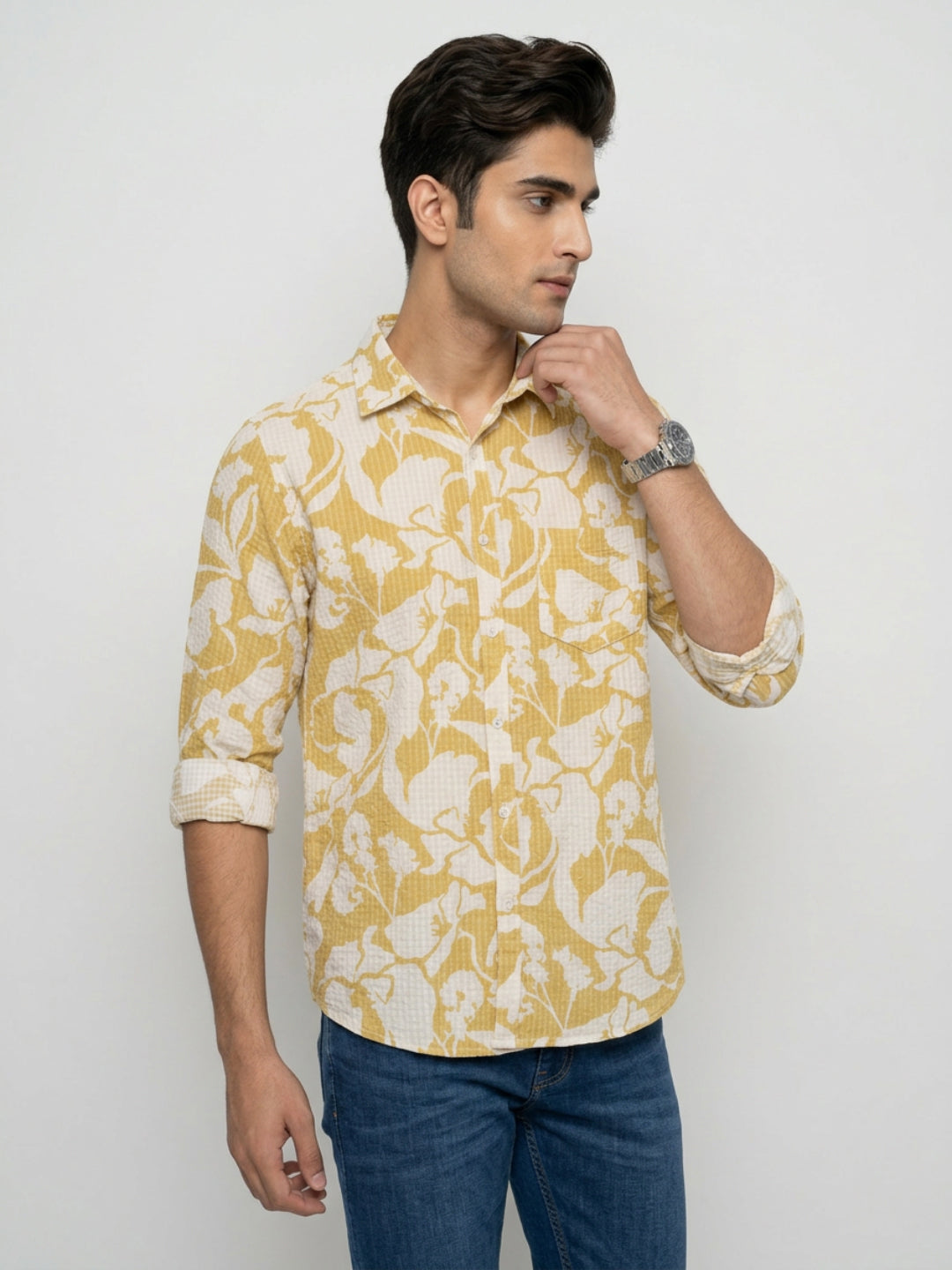 Men Shirt Print Yellow Regular Fit
