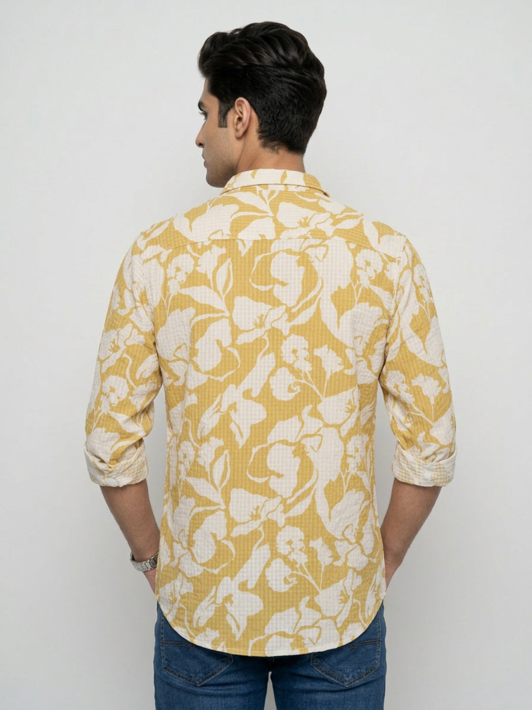Men Shirt Print Yellow Regular Fit