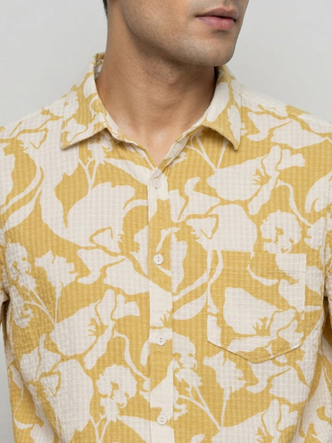 Men Shirt Print Yellow Regular Fit