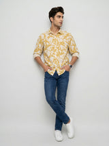 Men Shirt Print Yellow Regular Fit
