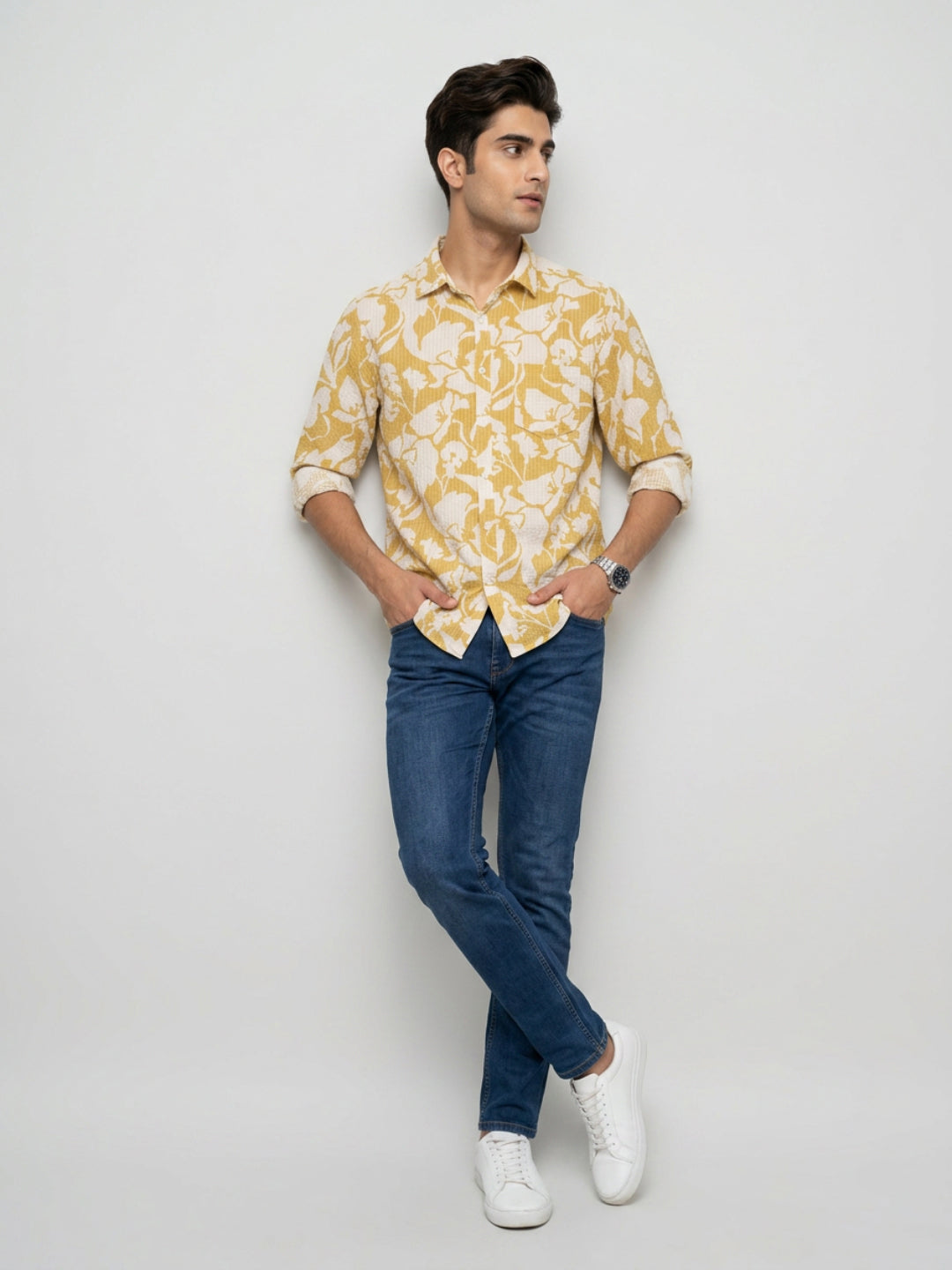 Men Shirt Print Yellow Regular Fit