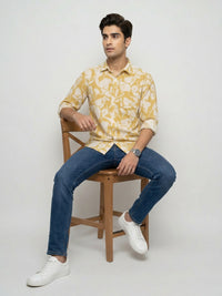 Men Shirt Print Yellow Regular Fit