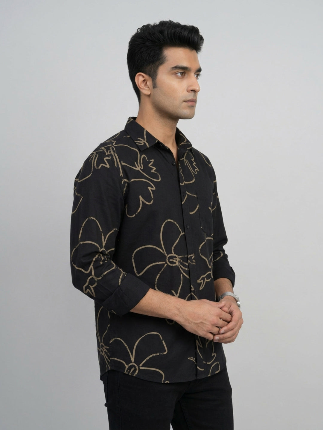 Men Shirt Print Black Regular Fit