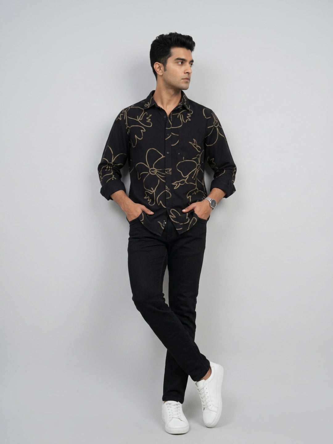 Men Shirt Print Black Regular Fit