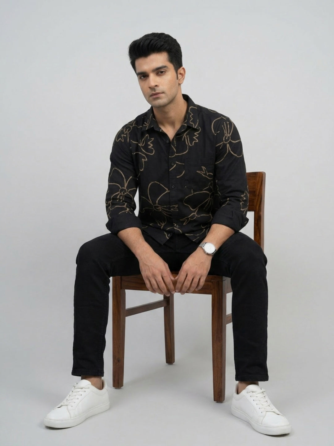 Men Shirt Print Black Regular Fit