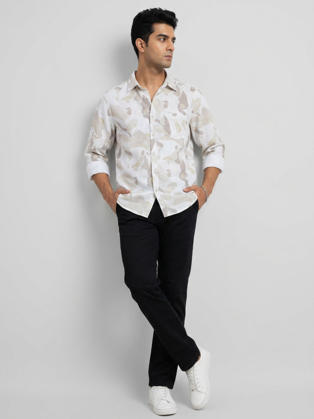 Men Shirt Print Beige Regular Fit