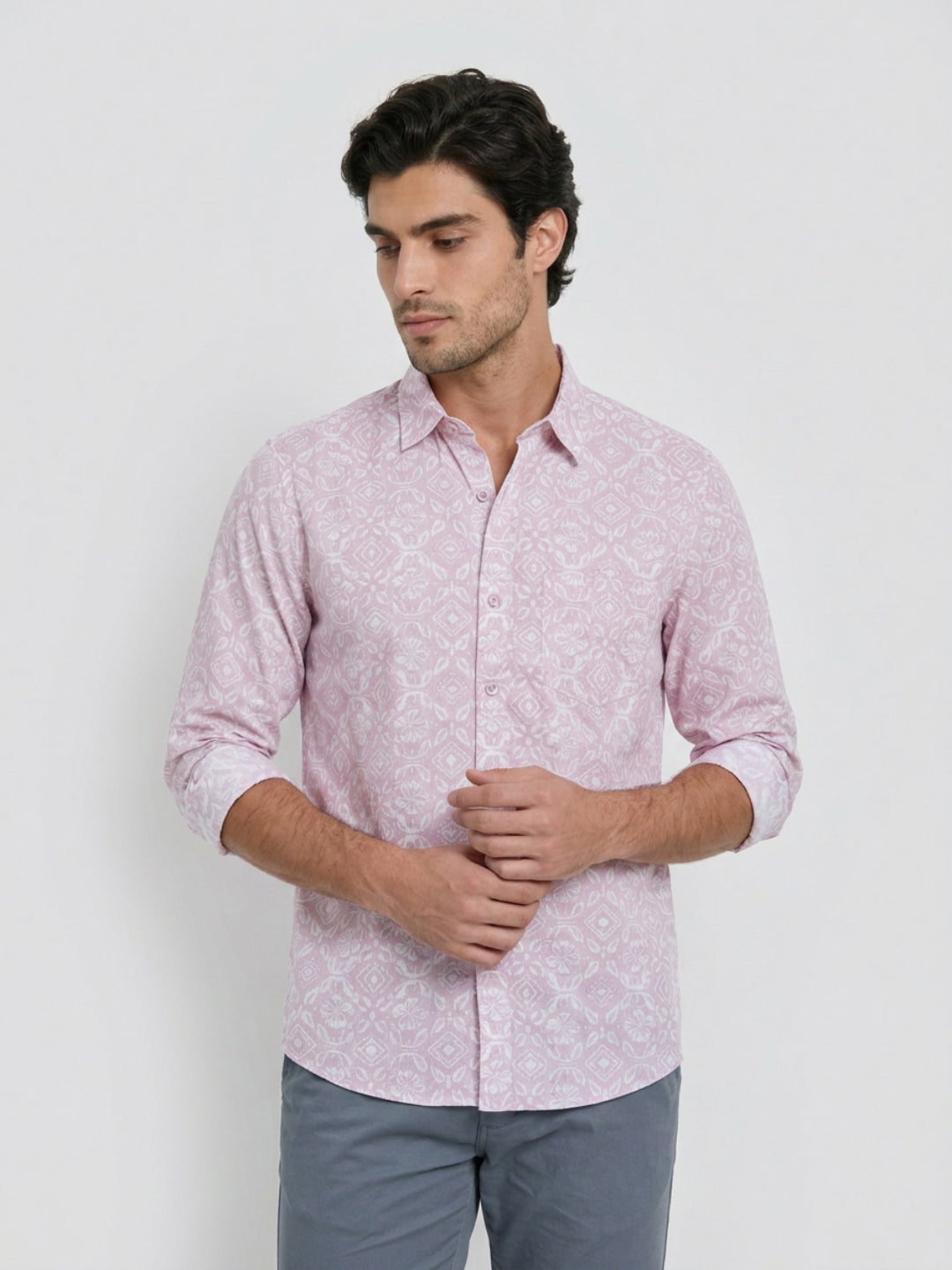 Men Shirt Print Lilac Regular Fit