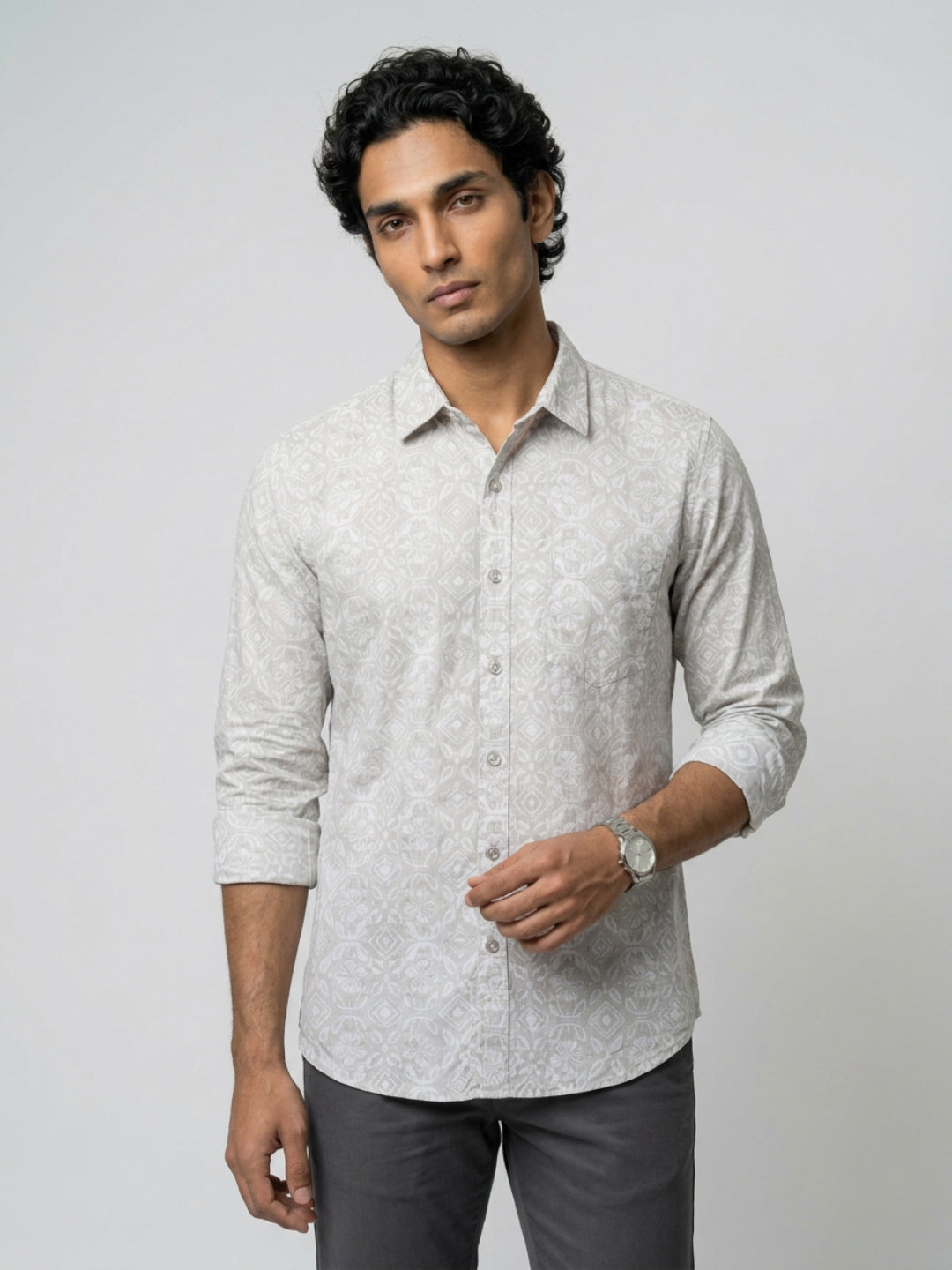 Men Shirt Print Green Regular Fit