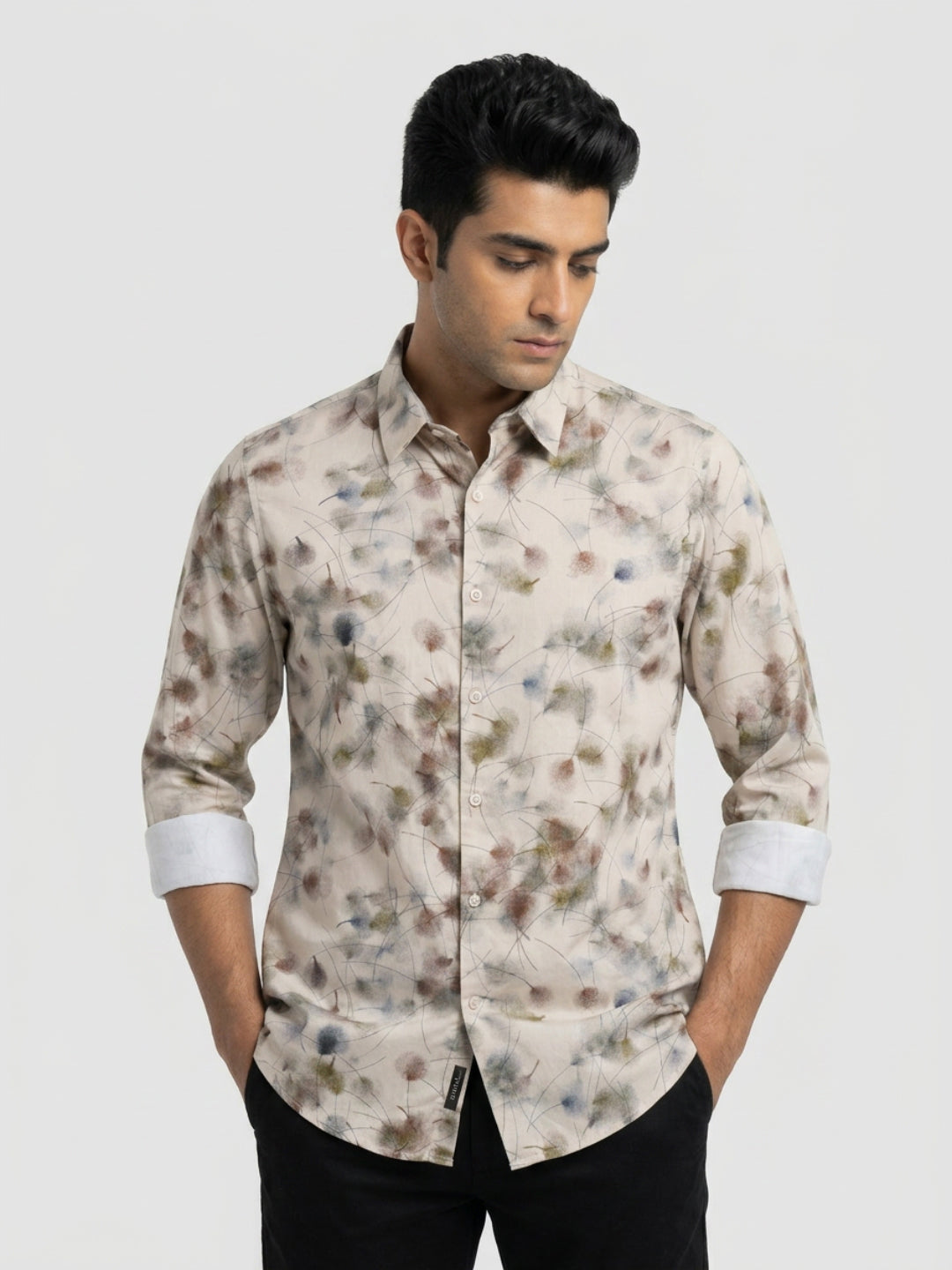 Men Shirt Print Beige Regular Fit