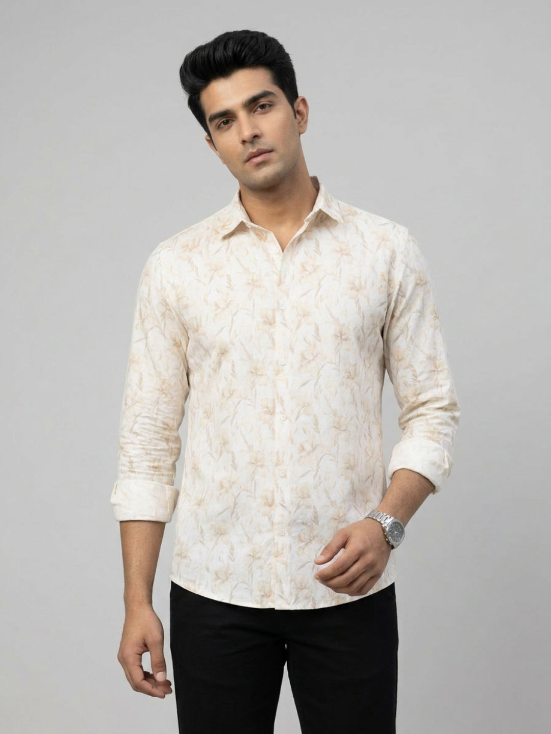 Men Shirt Print Beige Regular Fit